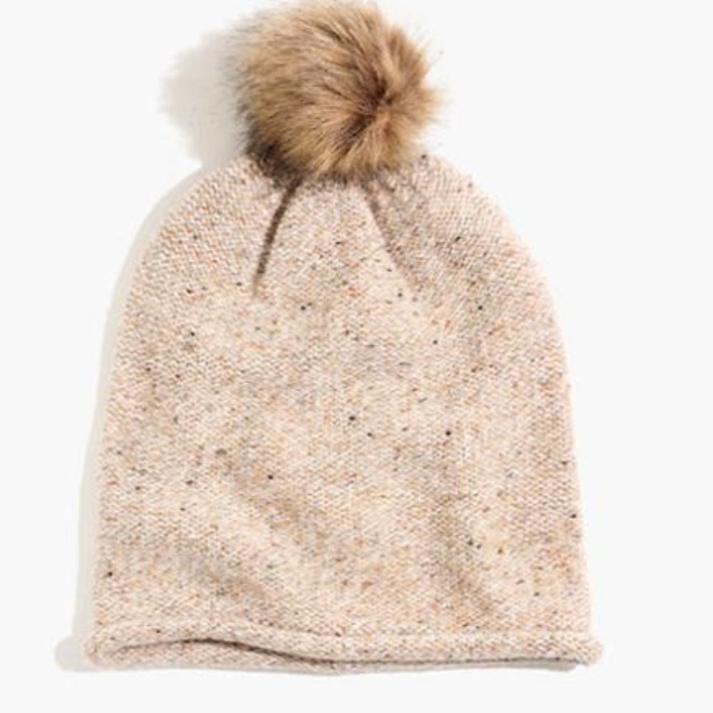 Madewell Pom Pom Beanie Hat Tan Khaki One Size NEW